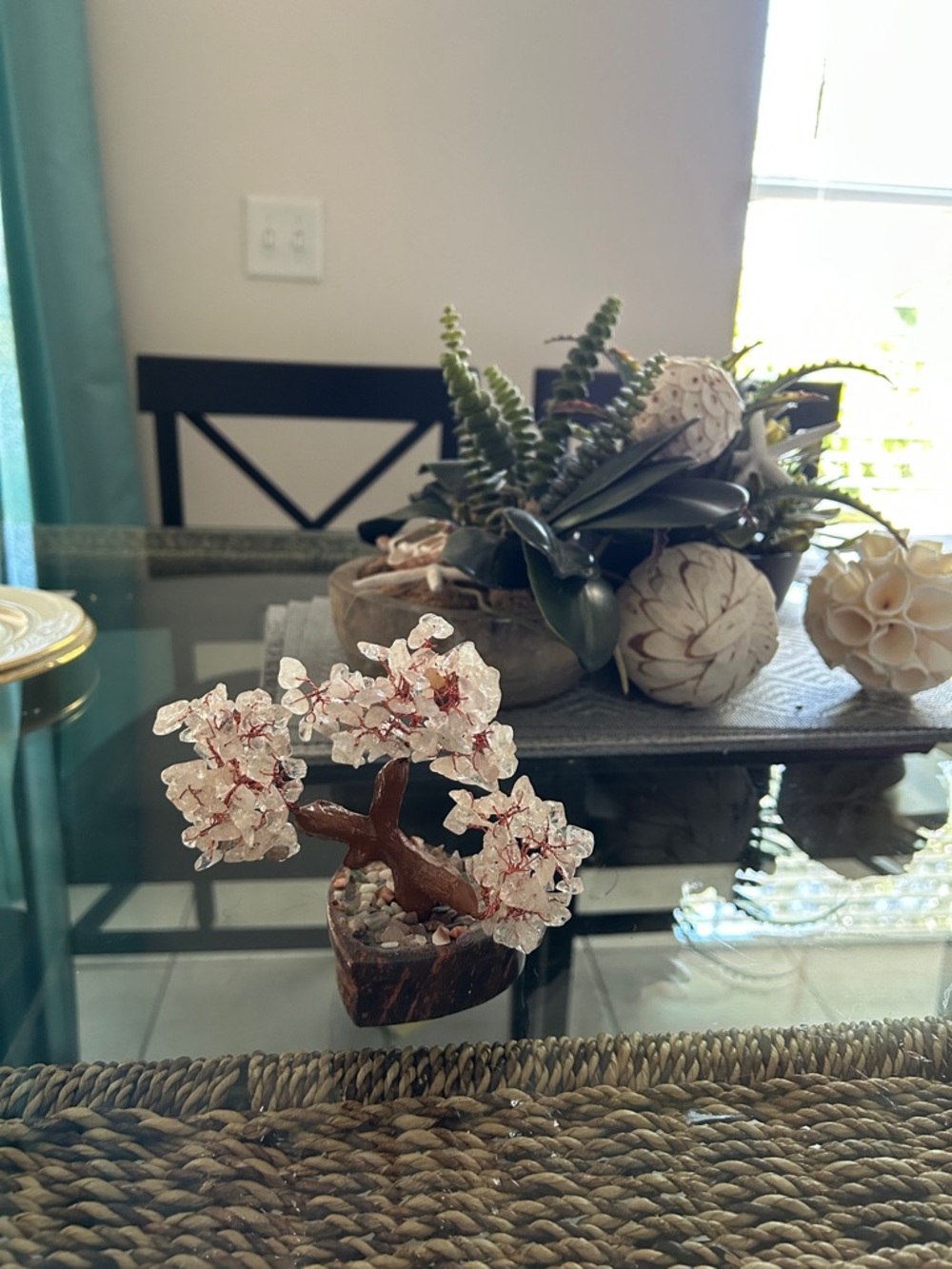 Decorative Rose Quartz Gemstone Tree  in Heart Shaped Marble Base